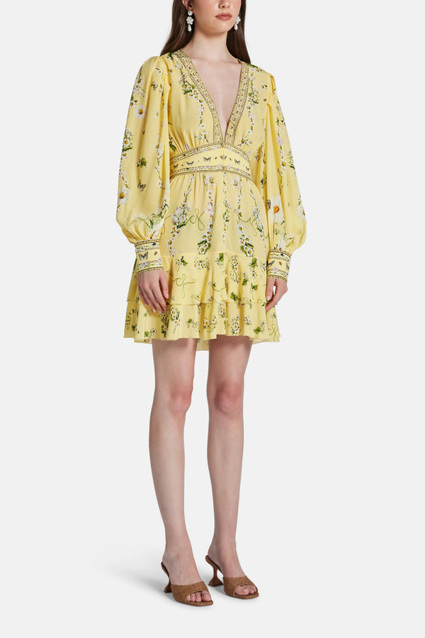 Daisy Chains Button Front Floral Frill Silk Mini Dress in Yellow