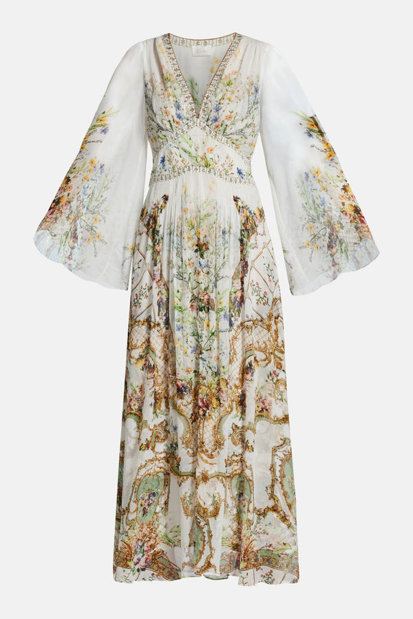 Dressing Room Drama Flared Sleeves Floral Silk Maxi Dress in White