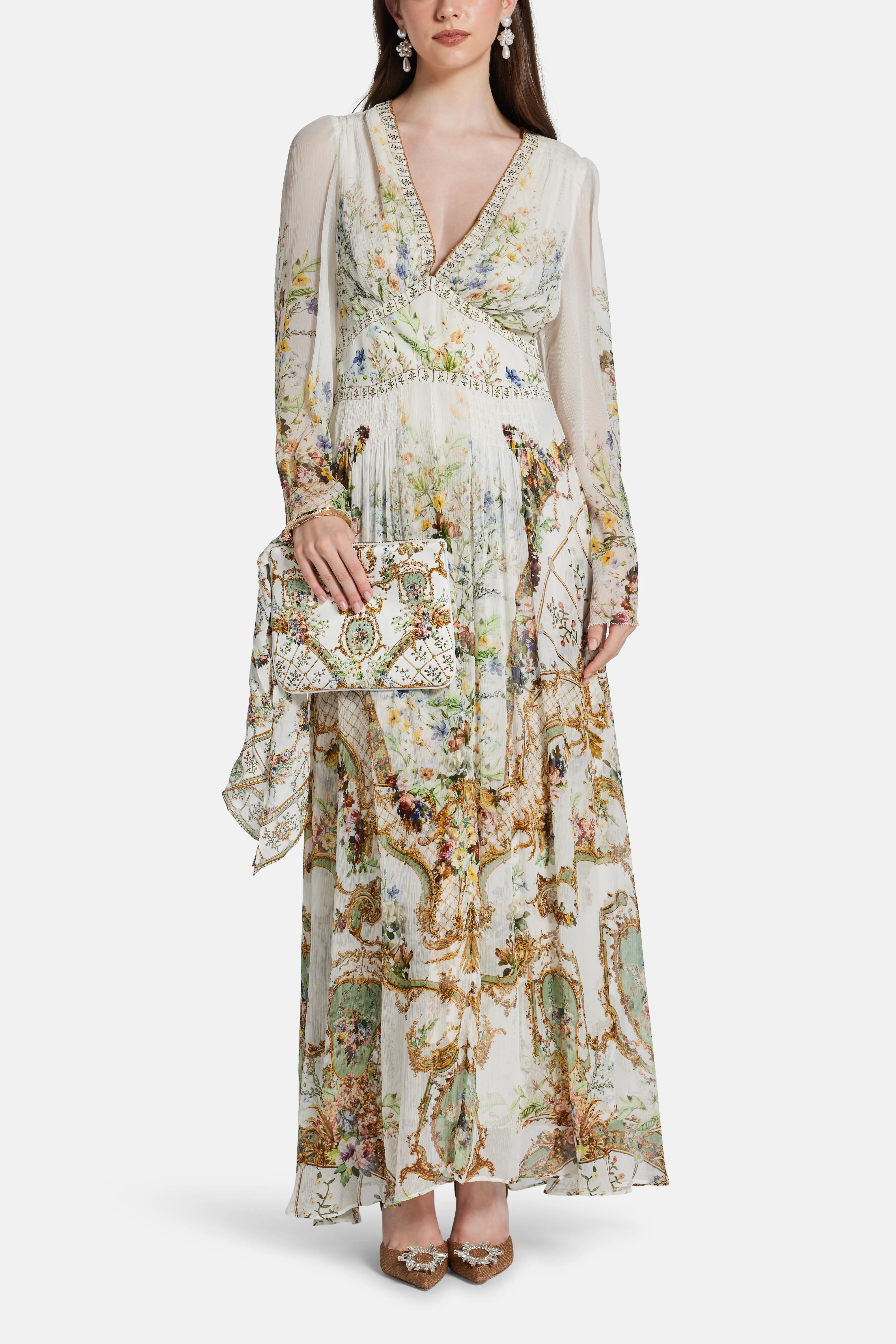 Dressing Room Drama Flared Sleeves Floral Silk Maxi Dress in White