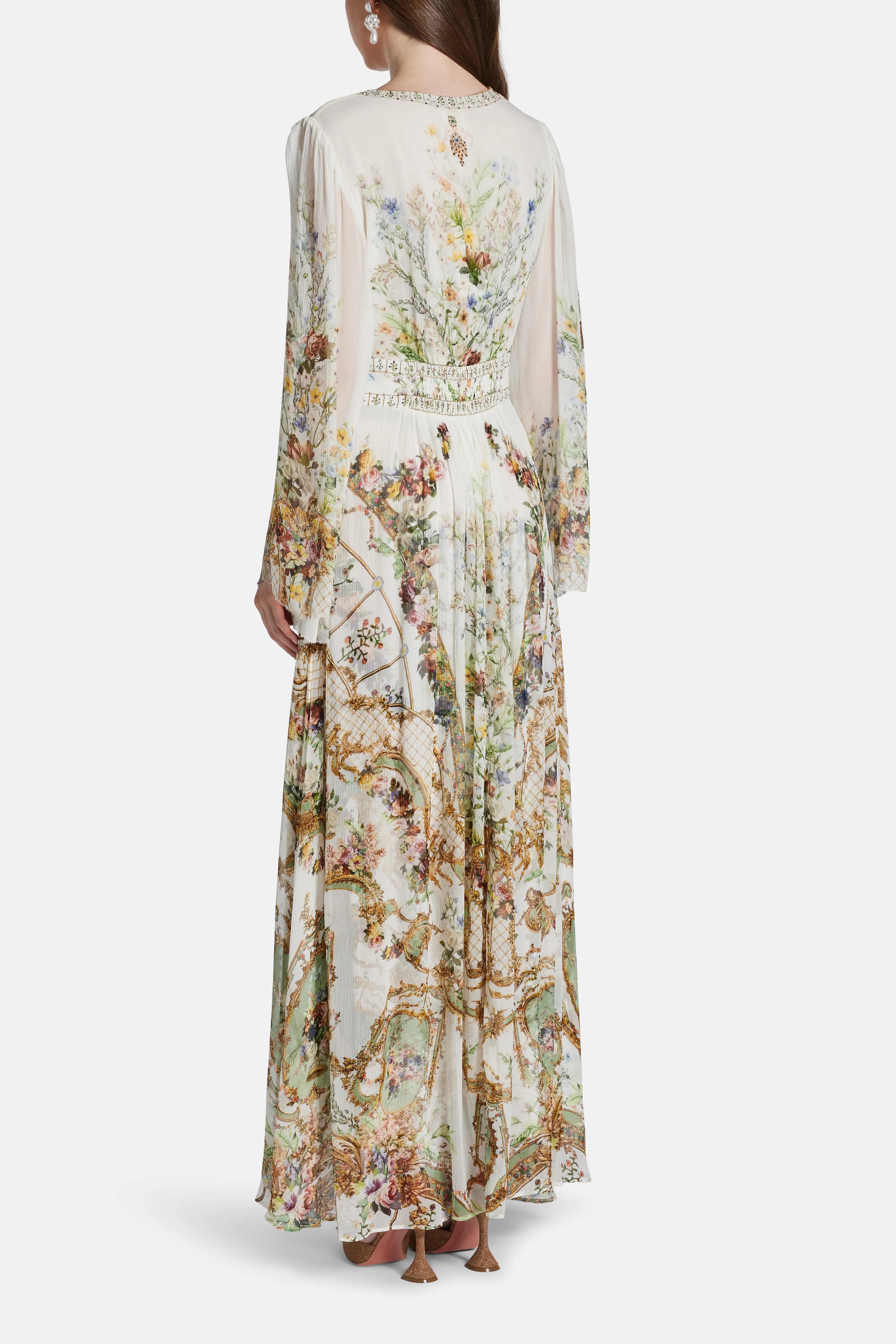 Dressing Room Drama Flared Sleeves Floral Silk Maxi Dress in White