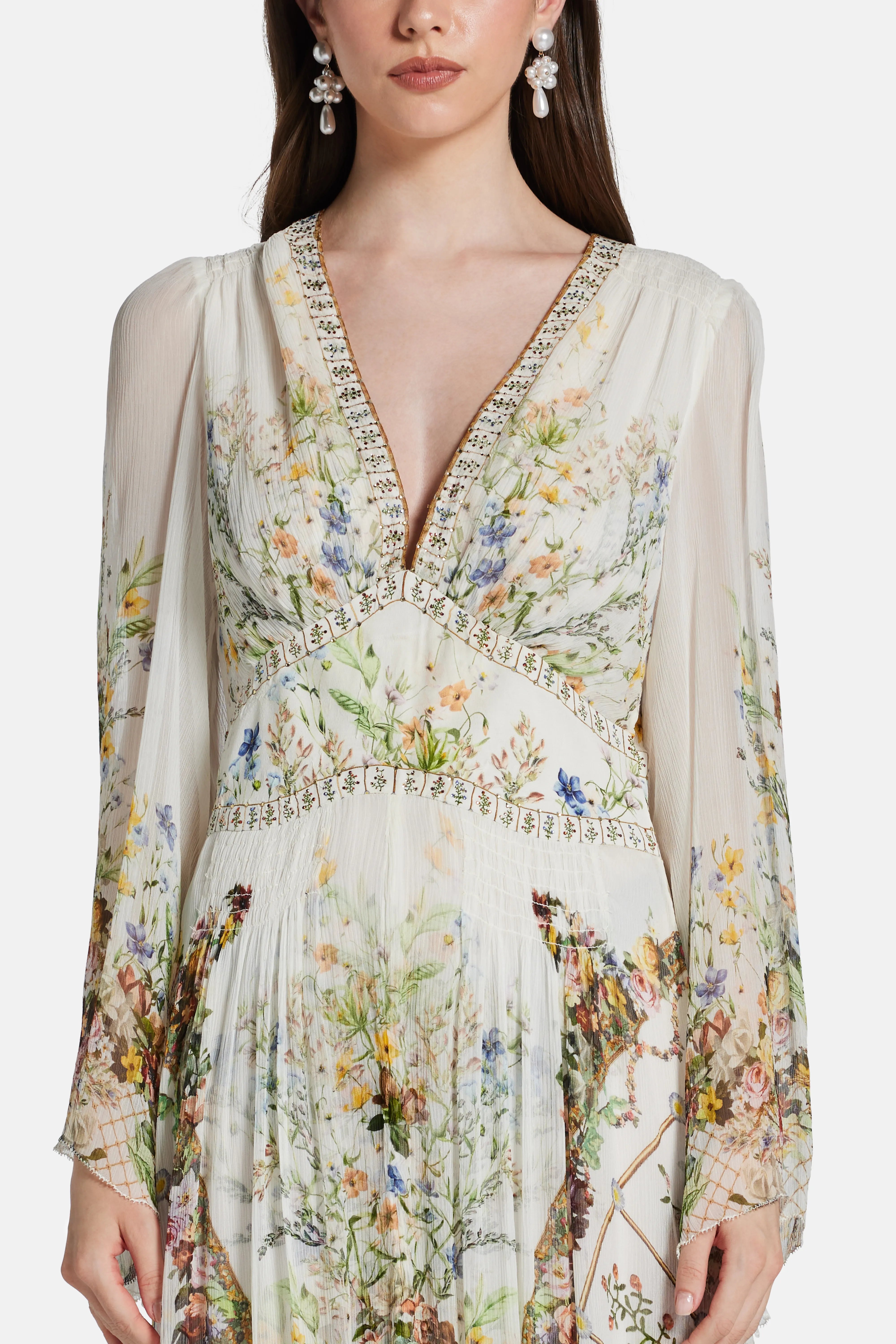 Dressing Room Drama Flared Sleeves Floral Silk Maxi Dress in White