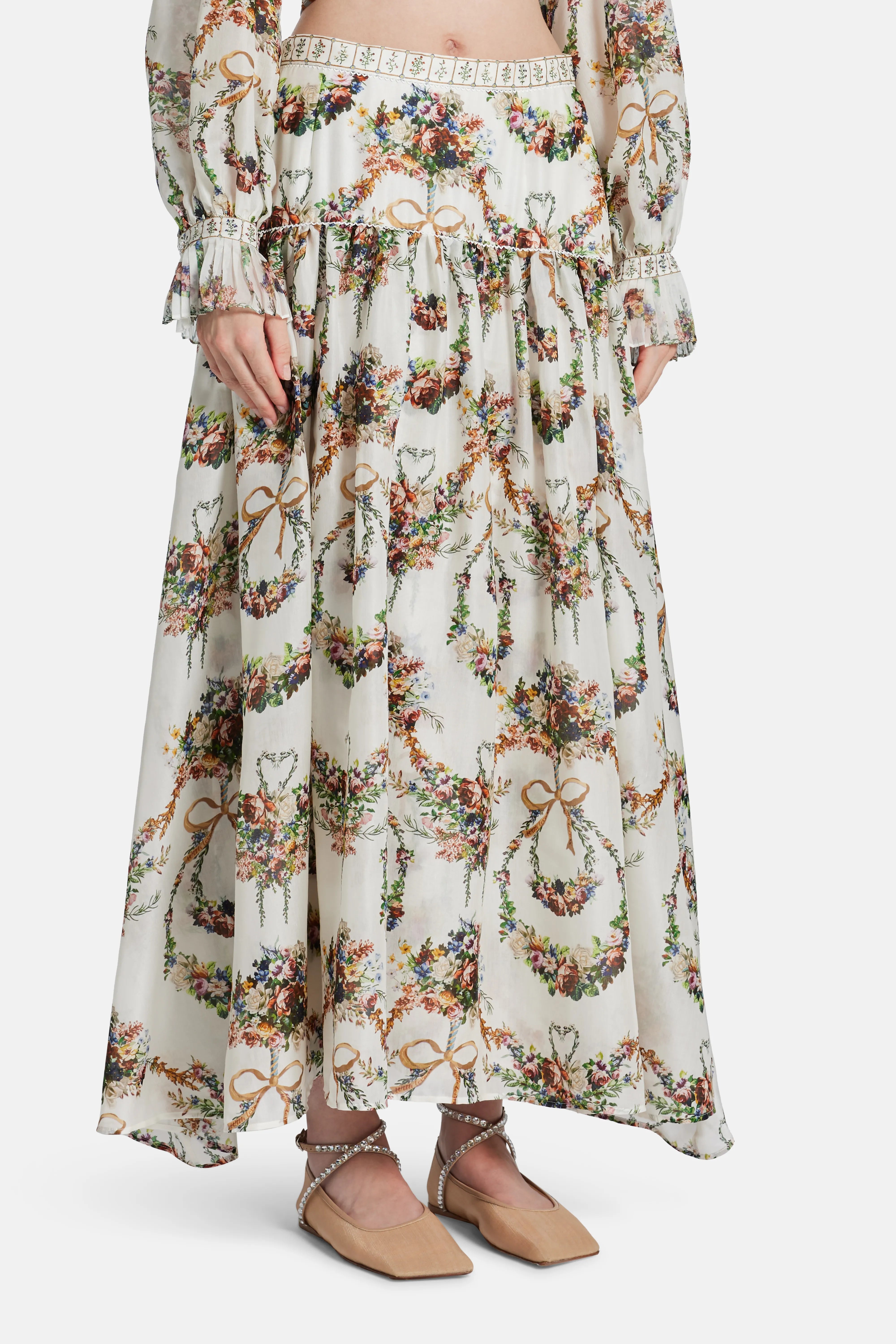 Dressing Room Drama Floral Fitted Waist Gathered Cotton Silk Maxi Skirt in White