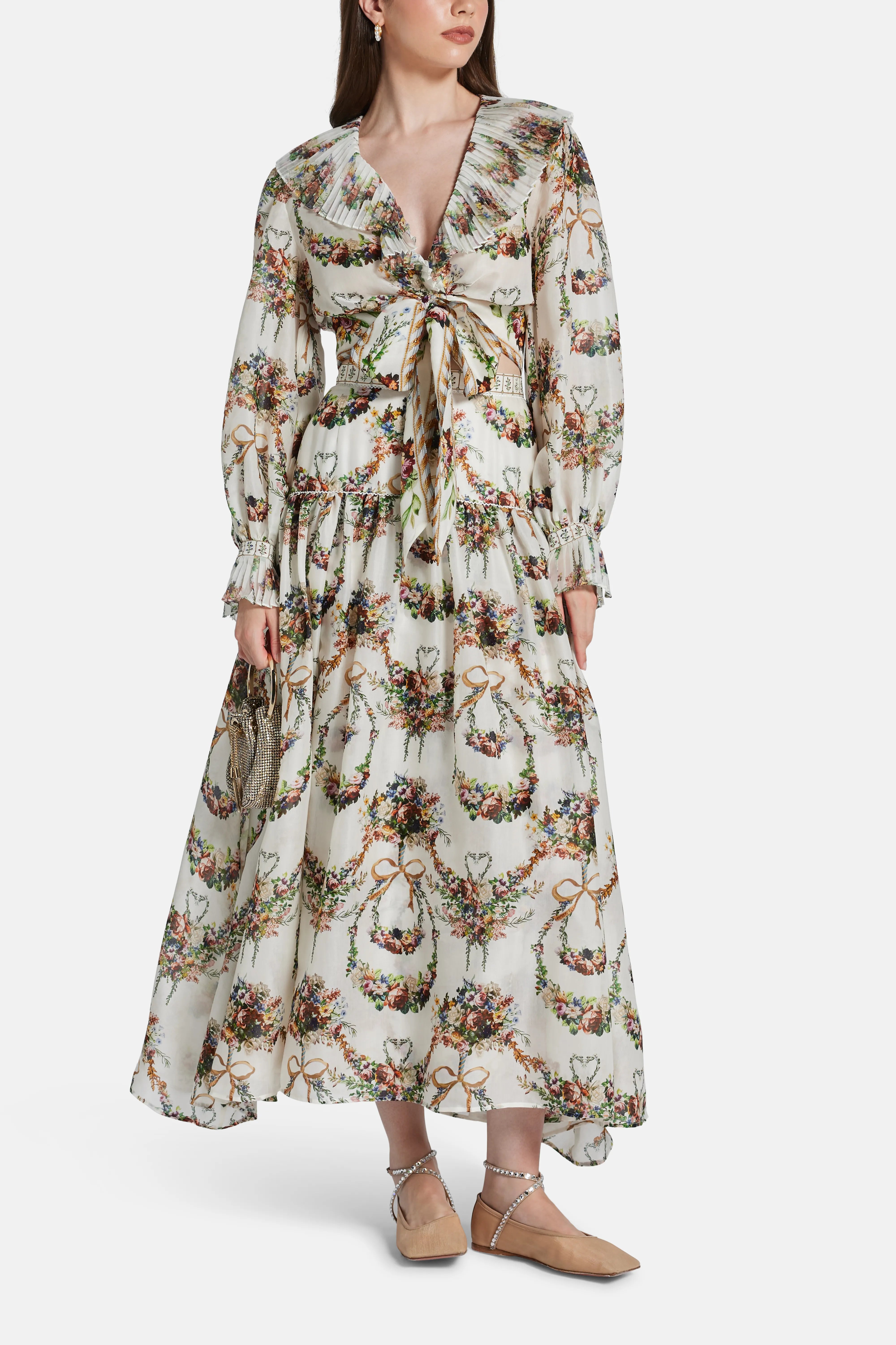 Dressing Room Drama Floral Fitted Waist Gathered Cotton Silk Maxi Skirt in White
