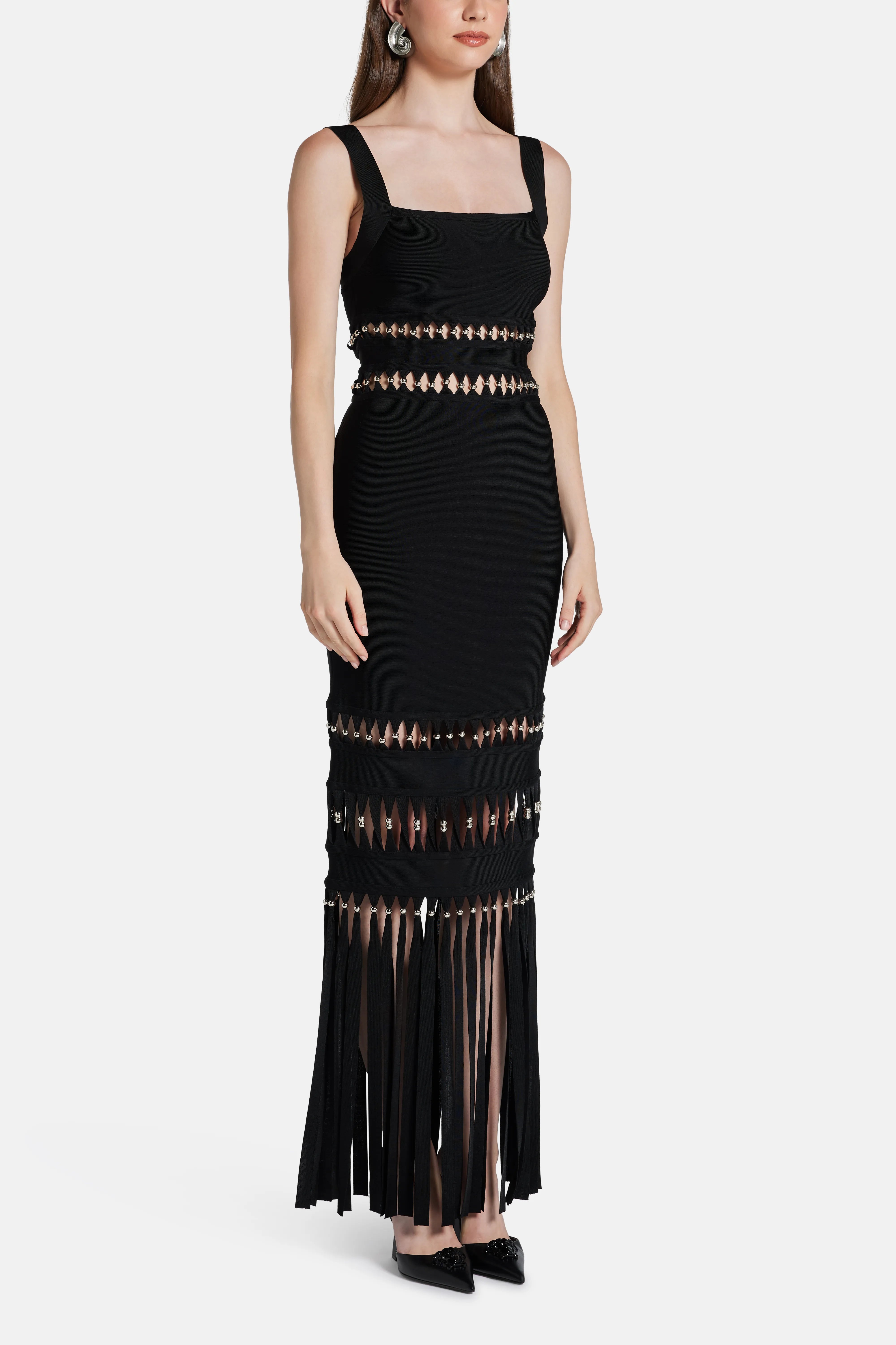 Ines Sleeveless Bandage Knit Maxi Dress With Fringes in Black