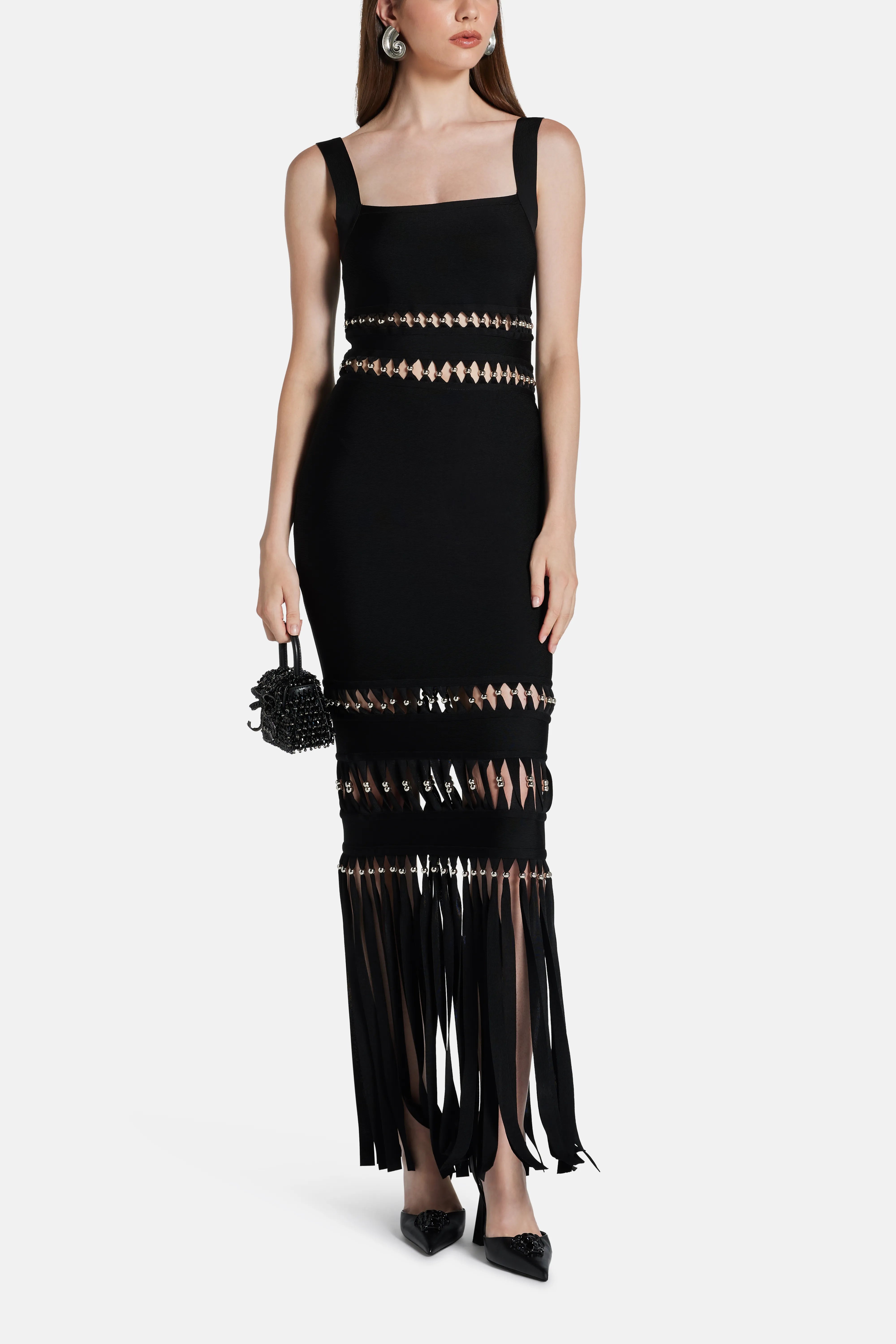 Ines Sleeveless Bandage Knit Maxi Dress With Fringes in Black