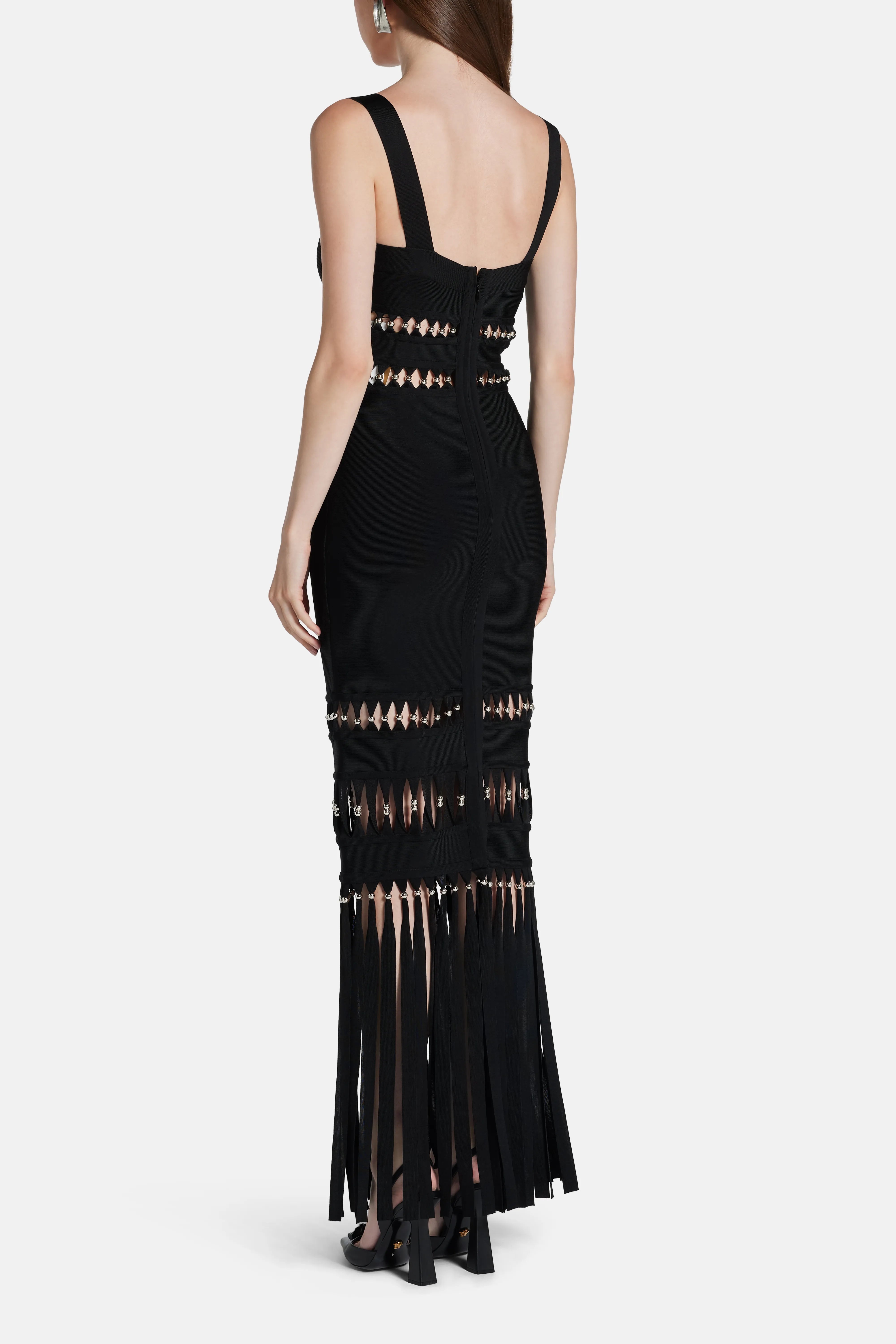 Ines Sleeveless Bandage Knit Maxi Dress With Fringes in Black