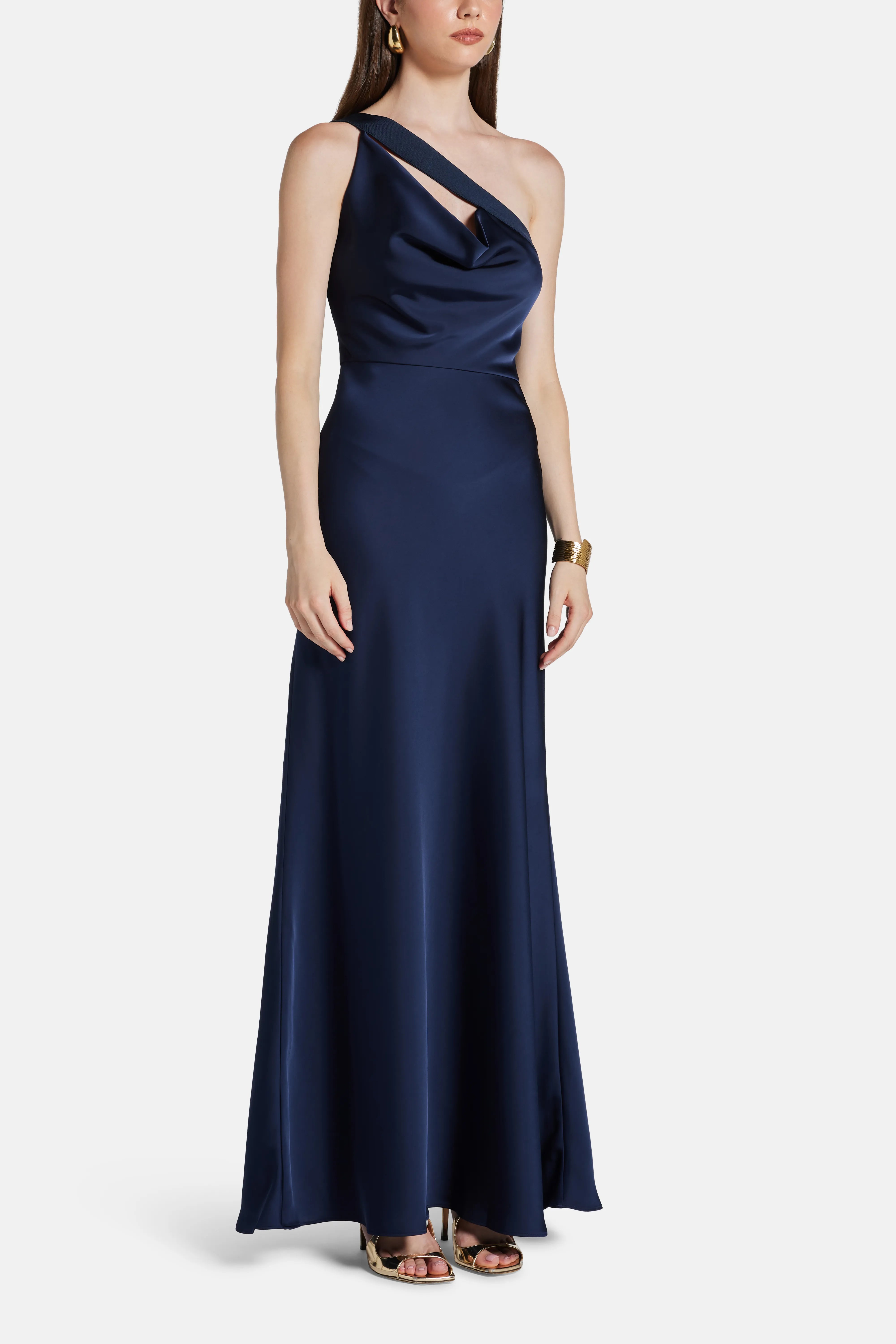 Vivian One Shoulder Silk Satin Evening Gown in Blue