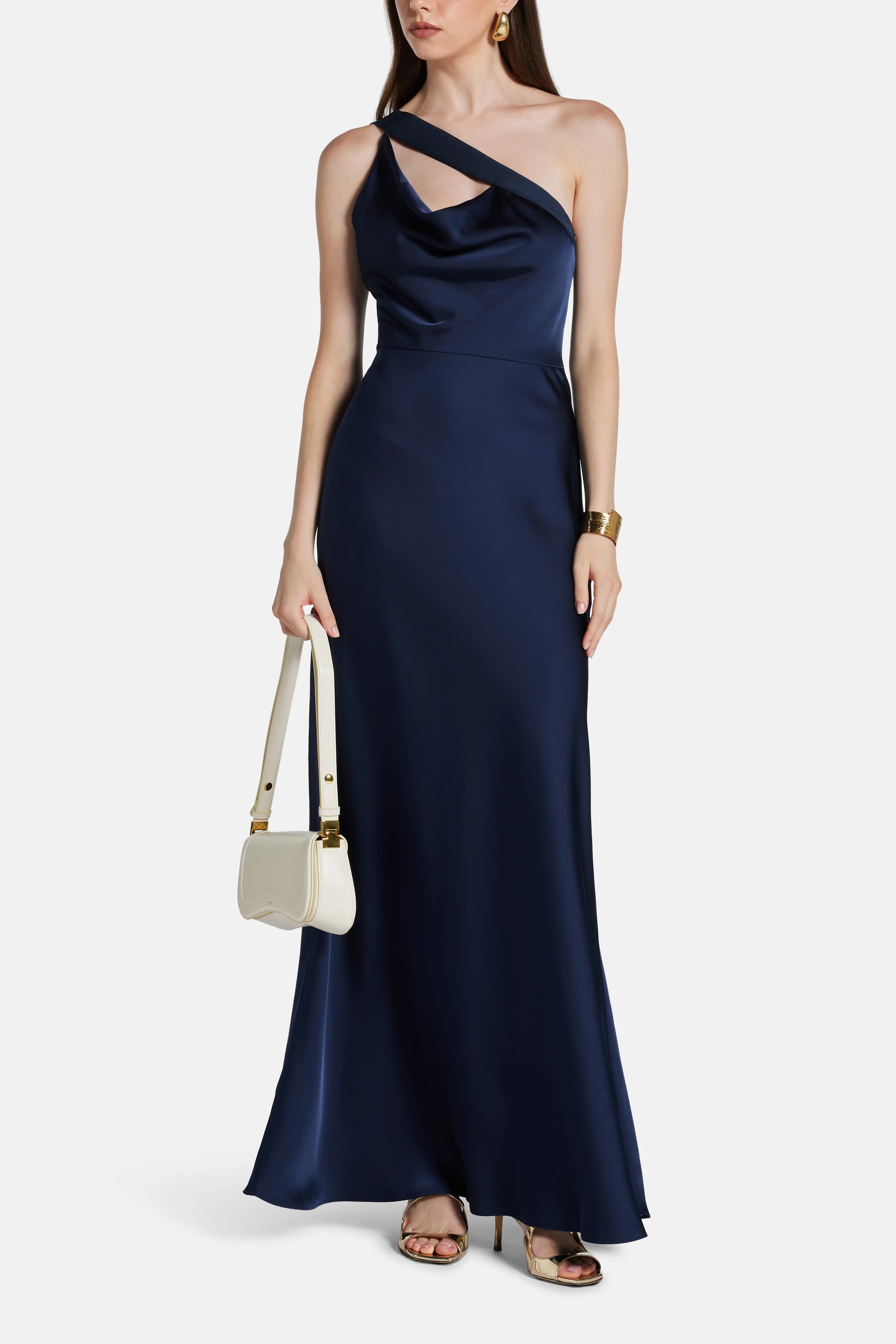 Vivian One Shoulder Silk Satin Evening Gown in Blue