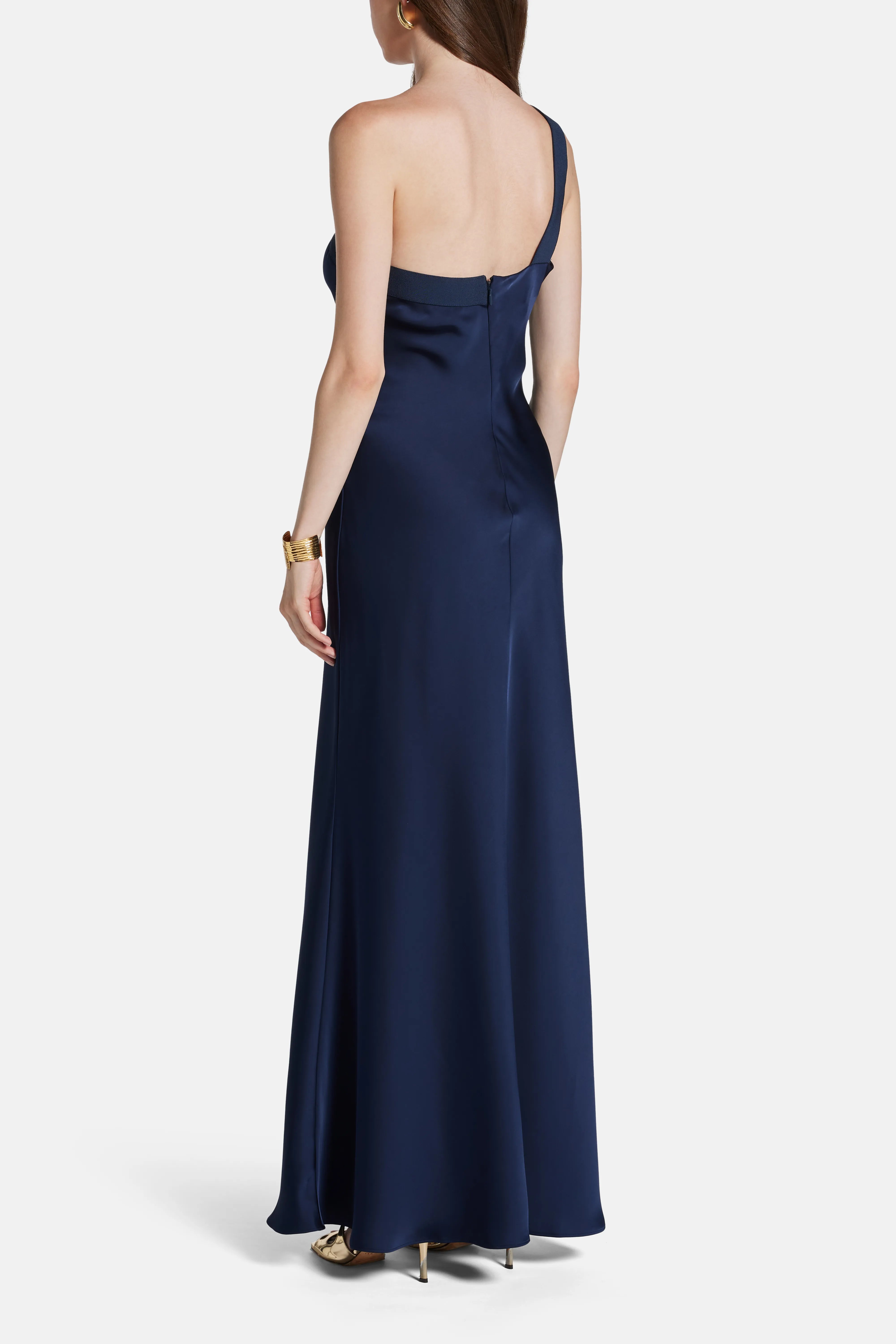 Vivian One Shoulder Silk Satin Evening Gown in Blue