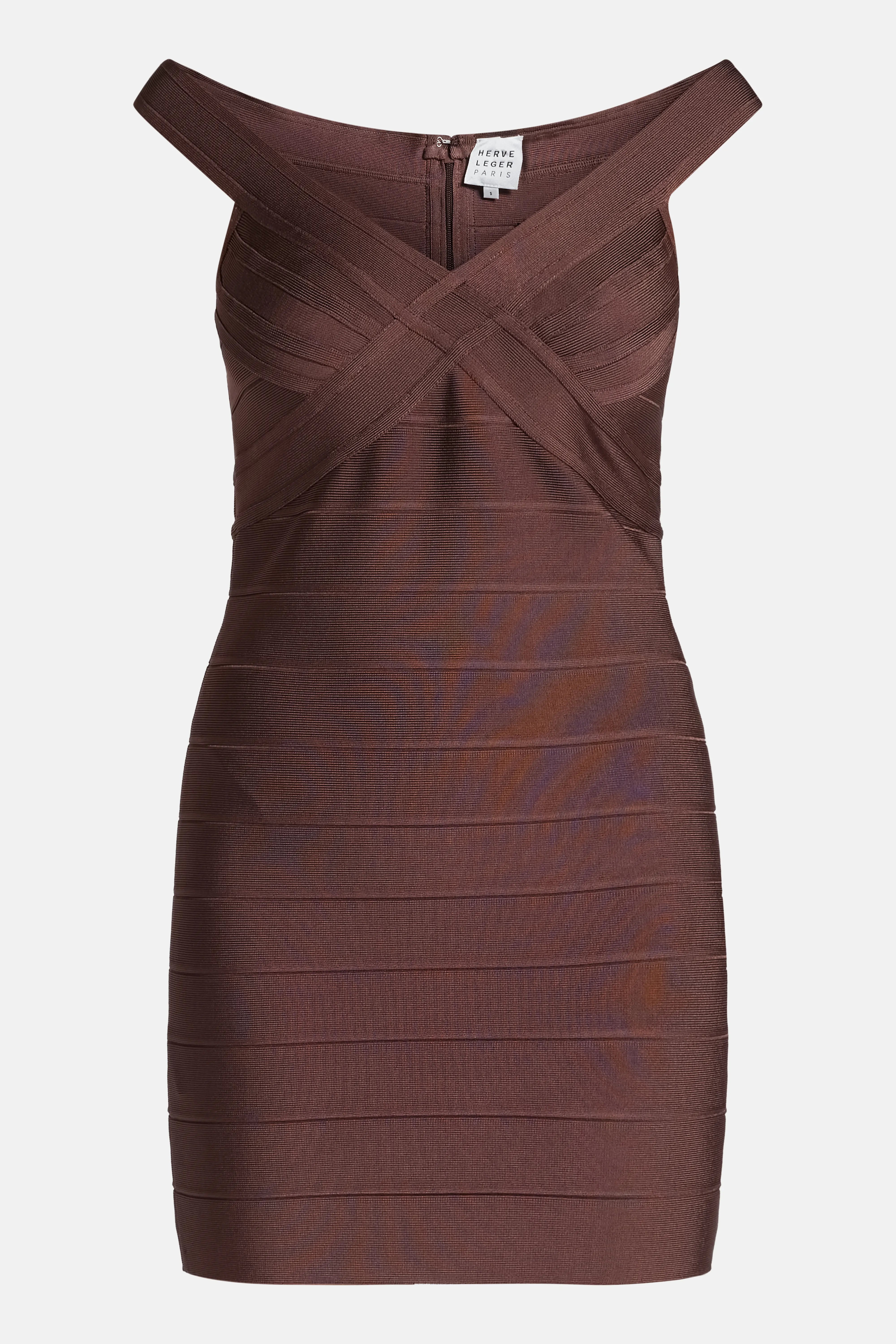 Rachel Off Shoulder Bandage Knit Mini Dress in Brown