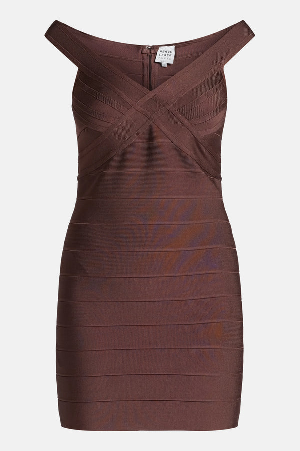 Rachel Off Shoulder Bandage Knit Mini Dress in Brown