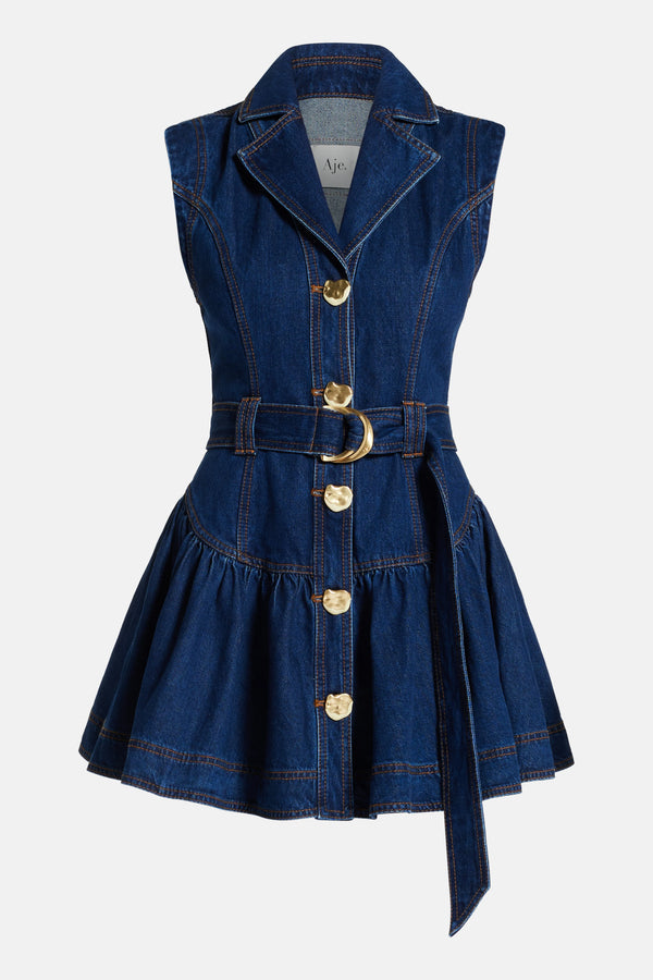 Elena Belted Cotton Denim Mini Dress in Blue