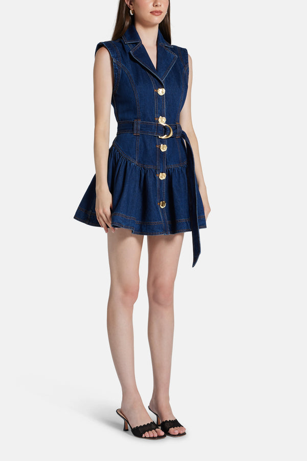 Elena Belted Cotton Denim Mini Dress in Blue