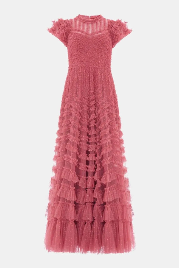 La Vie En Rose Round Neck Short Sleeves Evening Dress in Maroon