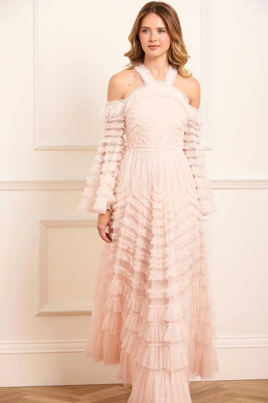 La Vie En Rose Off Shoulder Evening Dress in Cream