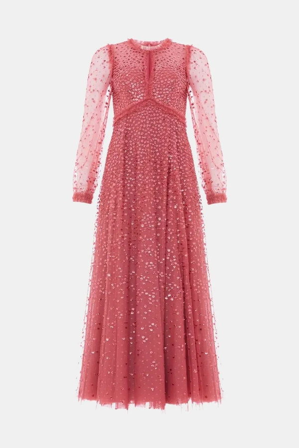 Dappled Sequin Round Neck Long Sleeves Evening Dress in Maroon