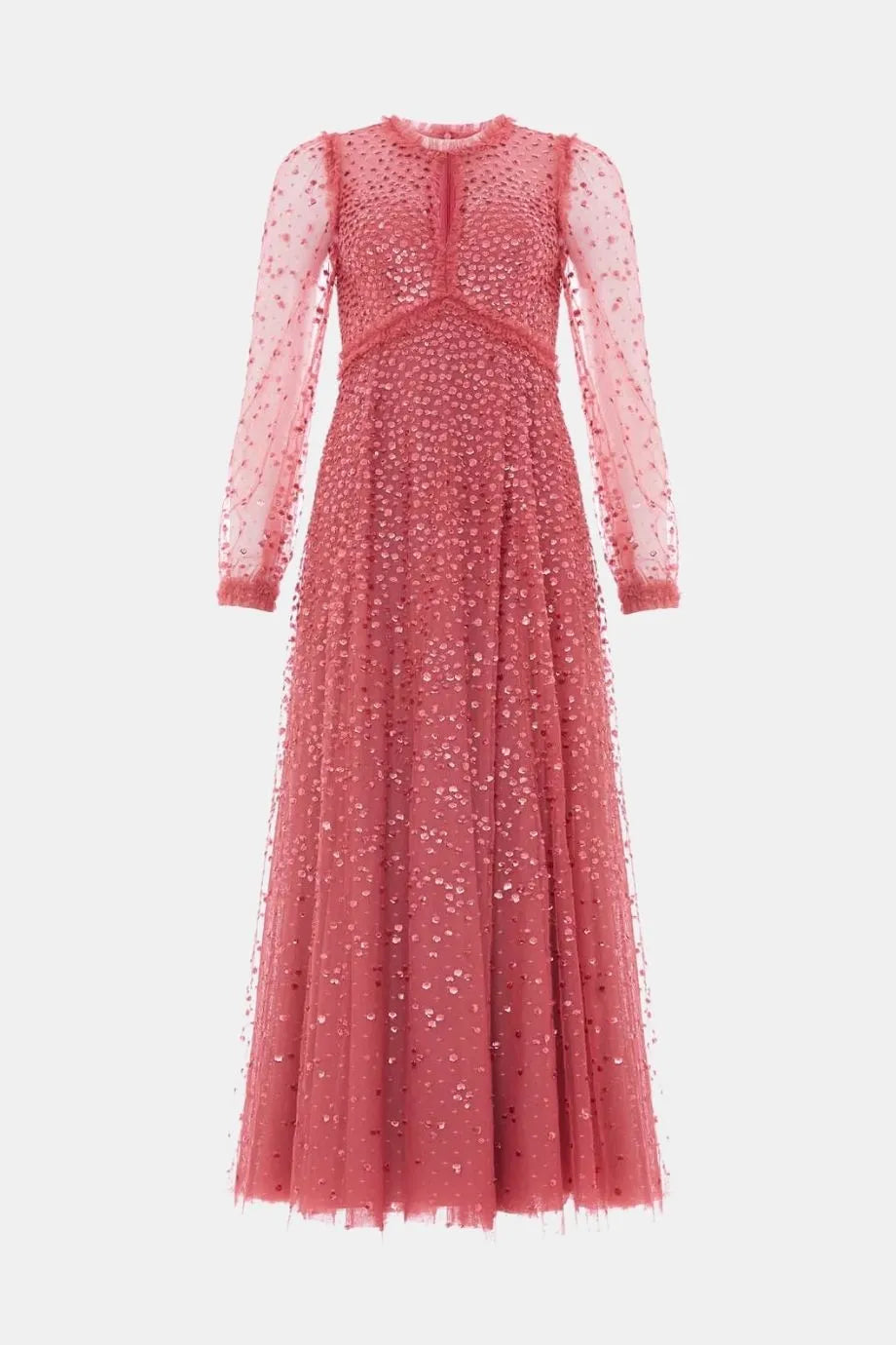 Dappled Sequin Round Neck Long Sleeves Evening Dress in Maroon