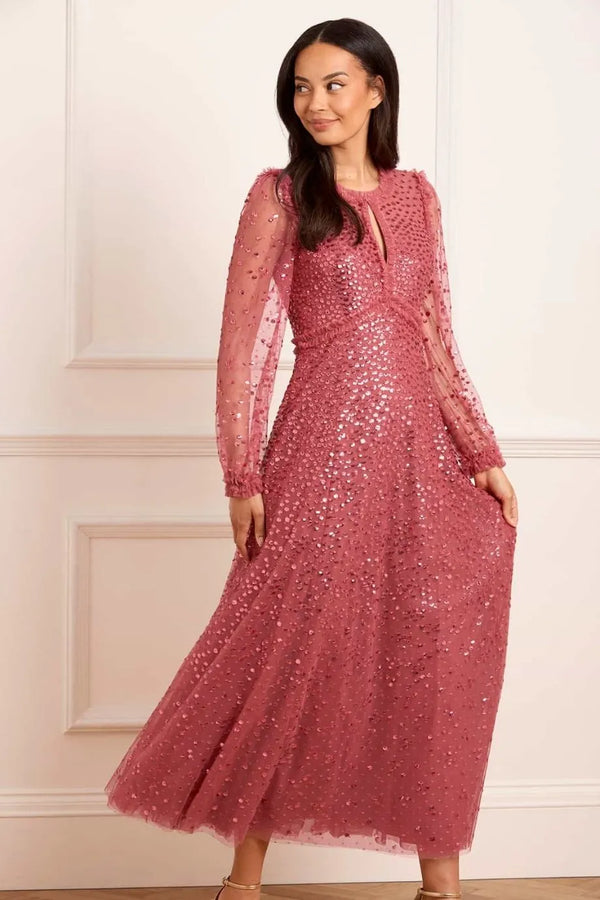 Dappled Sequin Round Neck Long Sleeves Evening Dress in Maroon