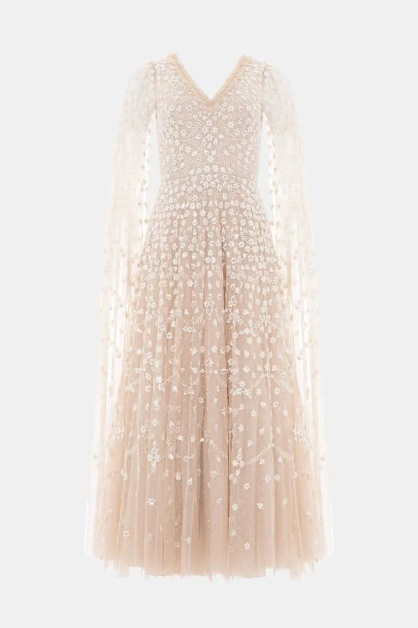 Clover Cape Sleeve V Neck Evening Dress in Beige