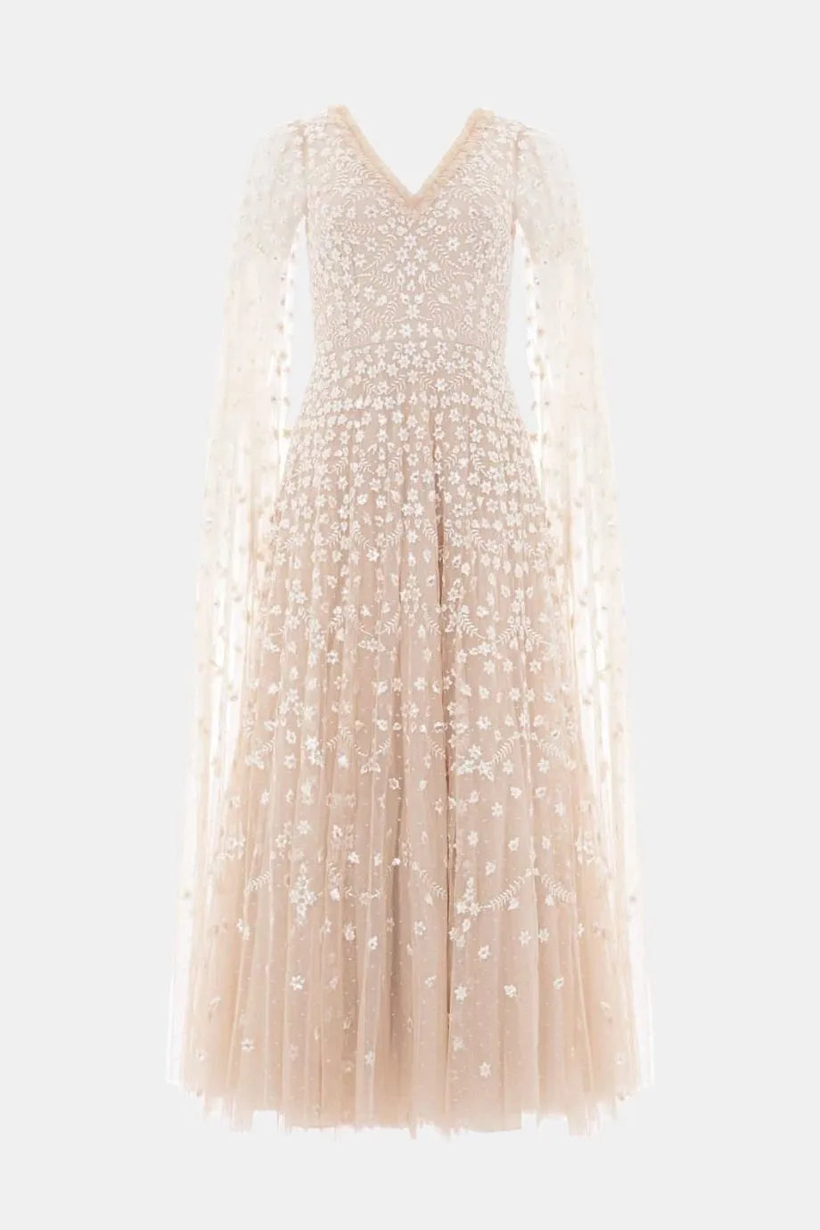 Clover Cape Sleeve V Neck Evening Dress in Beige