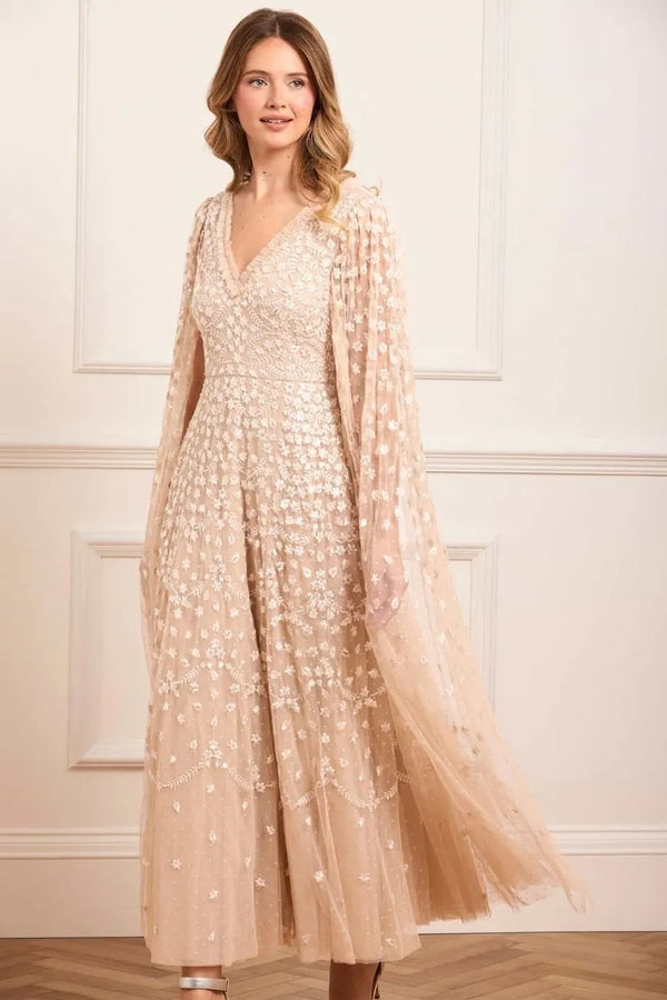 Clover Cape Sleeve V Neck Evening Dress in Beige