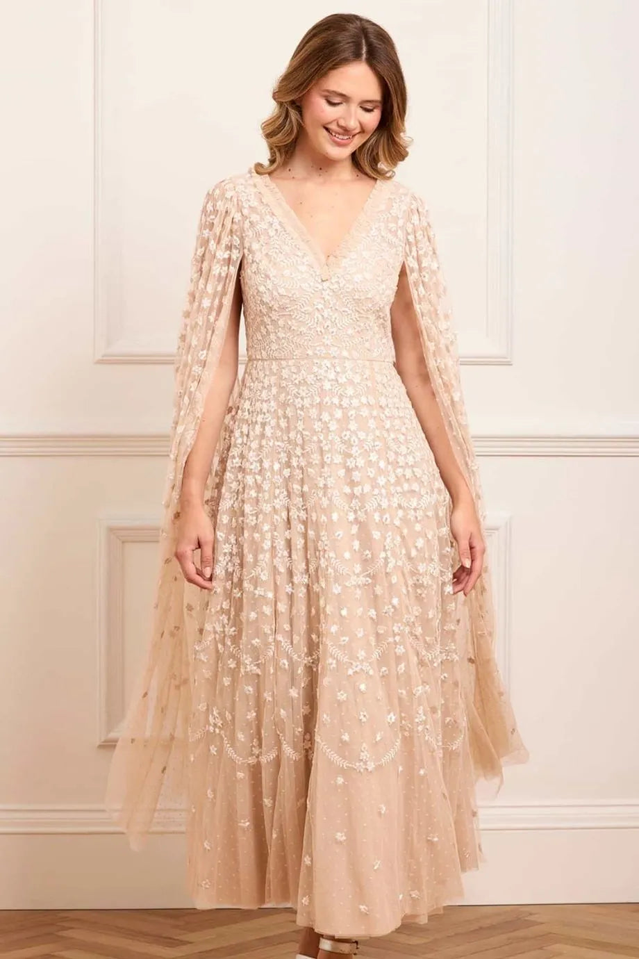 Clover Cape Sleeve V Neck Evening Dress in Beige