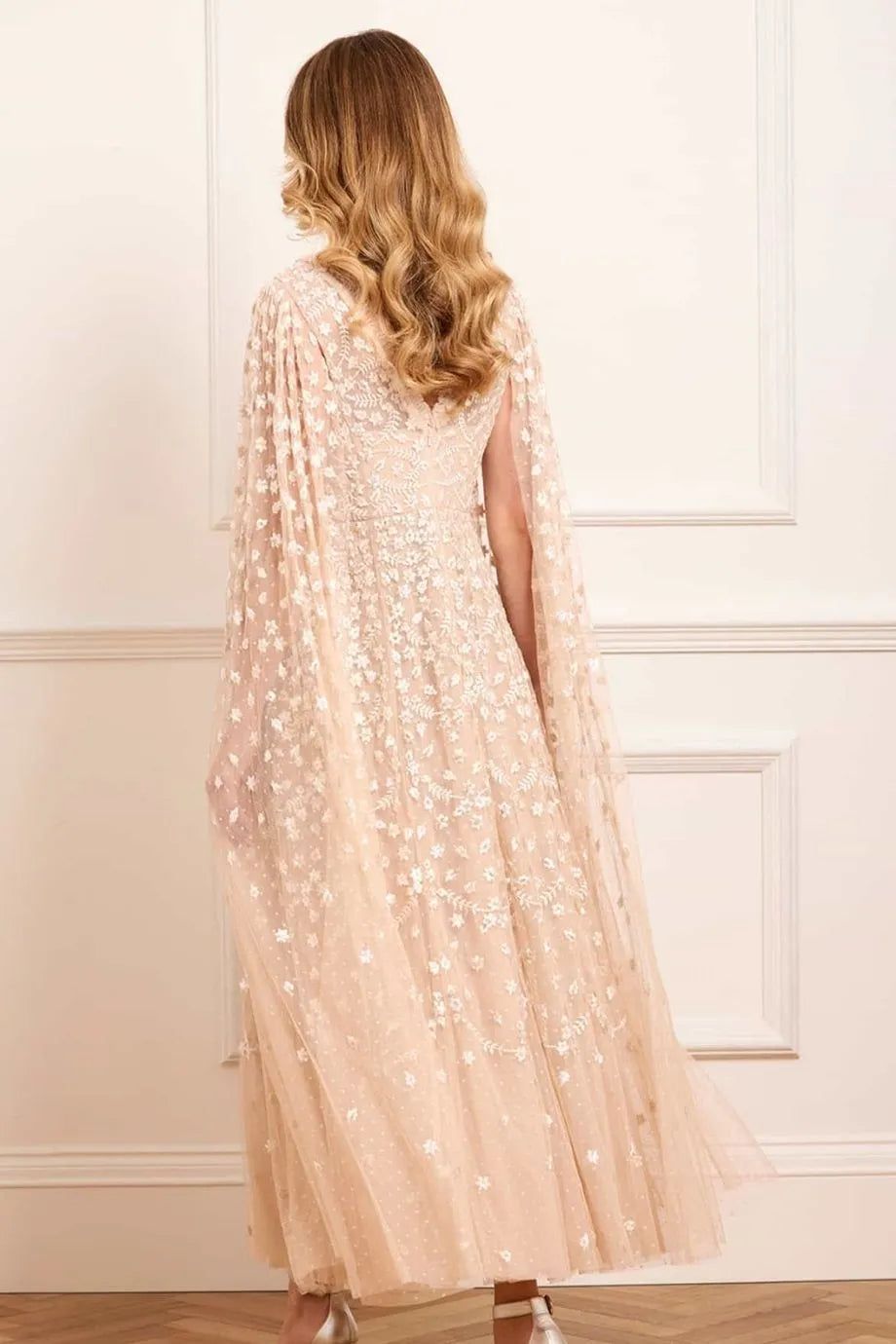 Clover Cape Sleeve V Neck Evening Dress in Beige