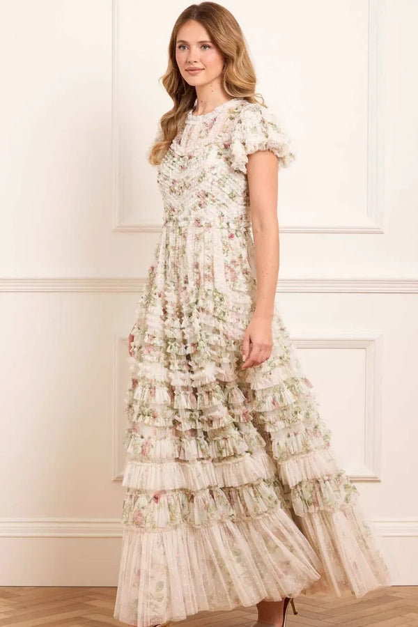 Colettes La Vie En Rose Round Neck Short Sleeves Evening Dress in Cream