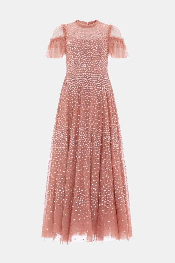 Scatter Dot Round Neck Short Sleeves Evening Dress in Pink