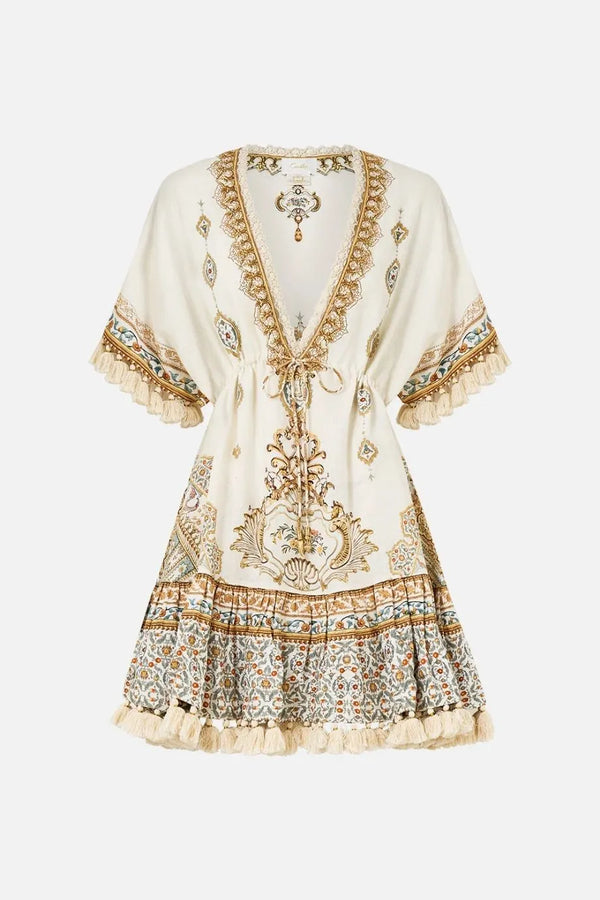 Ottoman Dynasty Floral Short V Neck Embroidered Linen Mini Dress in Beige