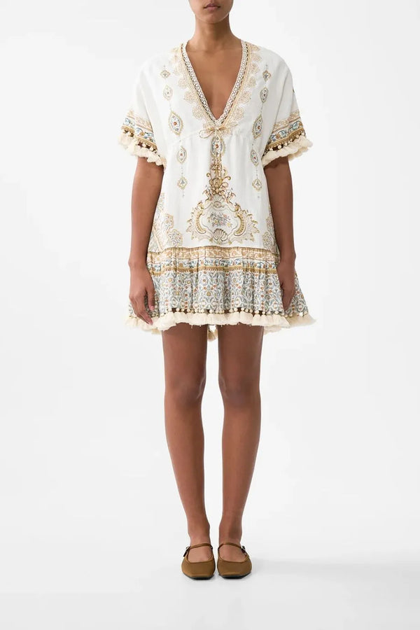 Ottoman Dynasty Floral Short V Neck Embroidered Linen Mini Dress in Beige