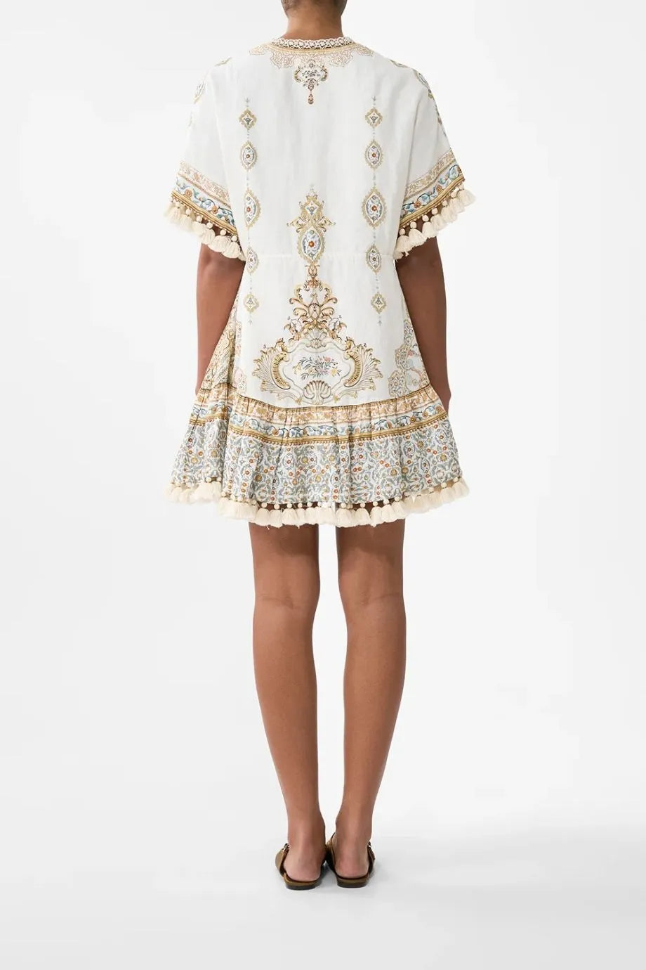 Ottoman Dynasty Floral Short V Neck Embroidered Linen Mini Dress in Beige