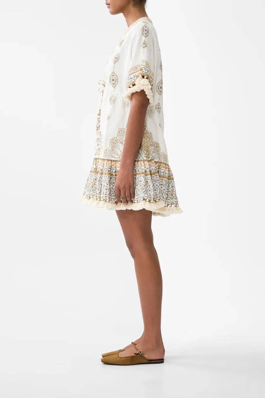 Ottoman Dynasty Floral Short V Neck Embroidered Linen Mini Dress in Beige