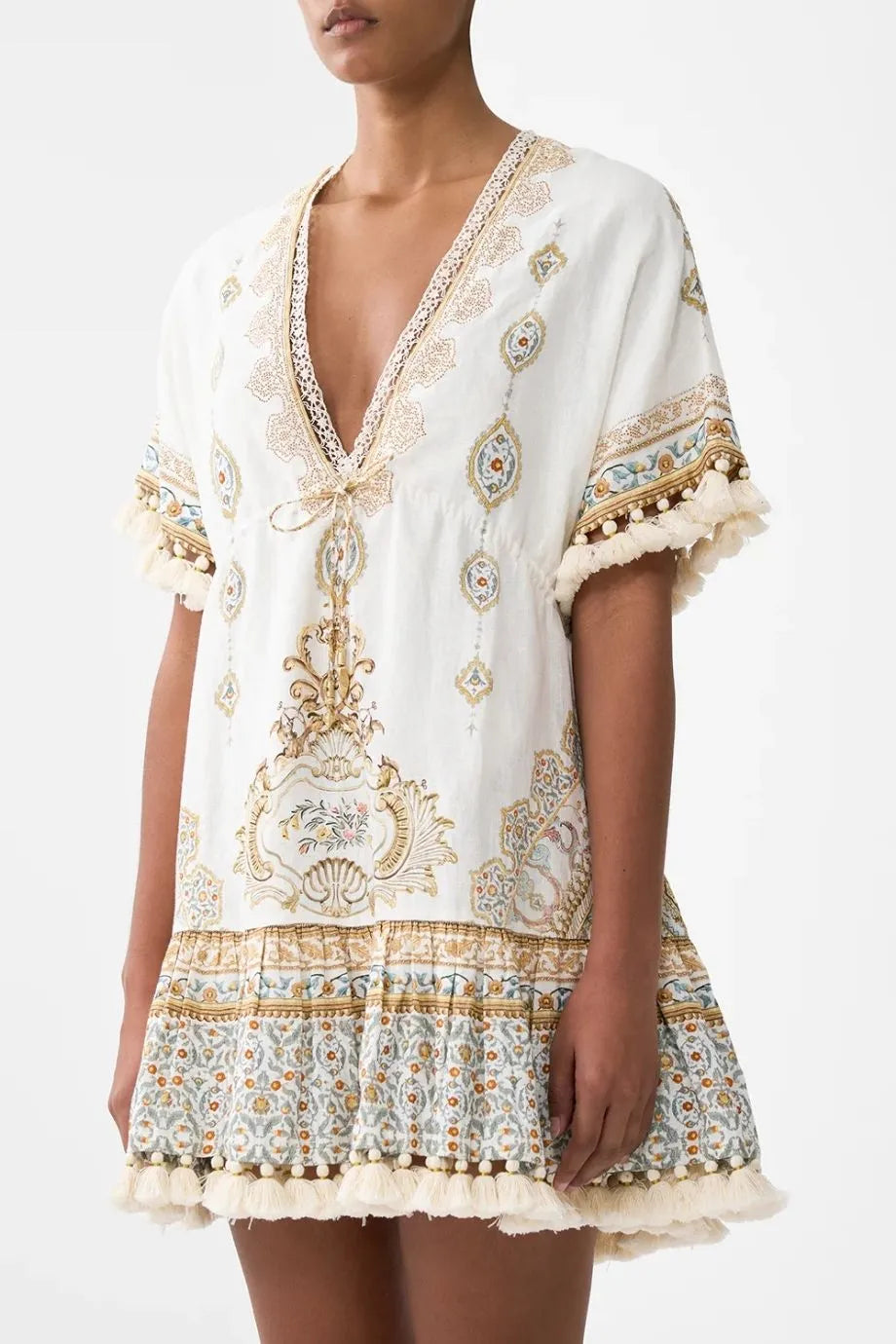 Ottoman Dynasty Floral Short V Neck Embroidered Linen Mini Dress in Beige