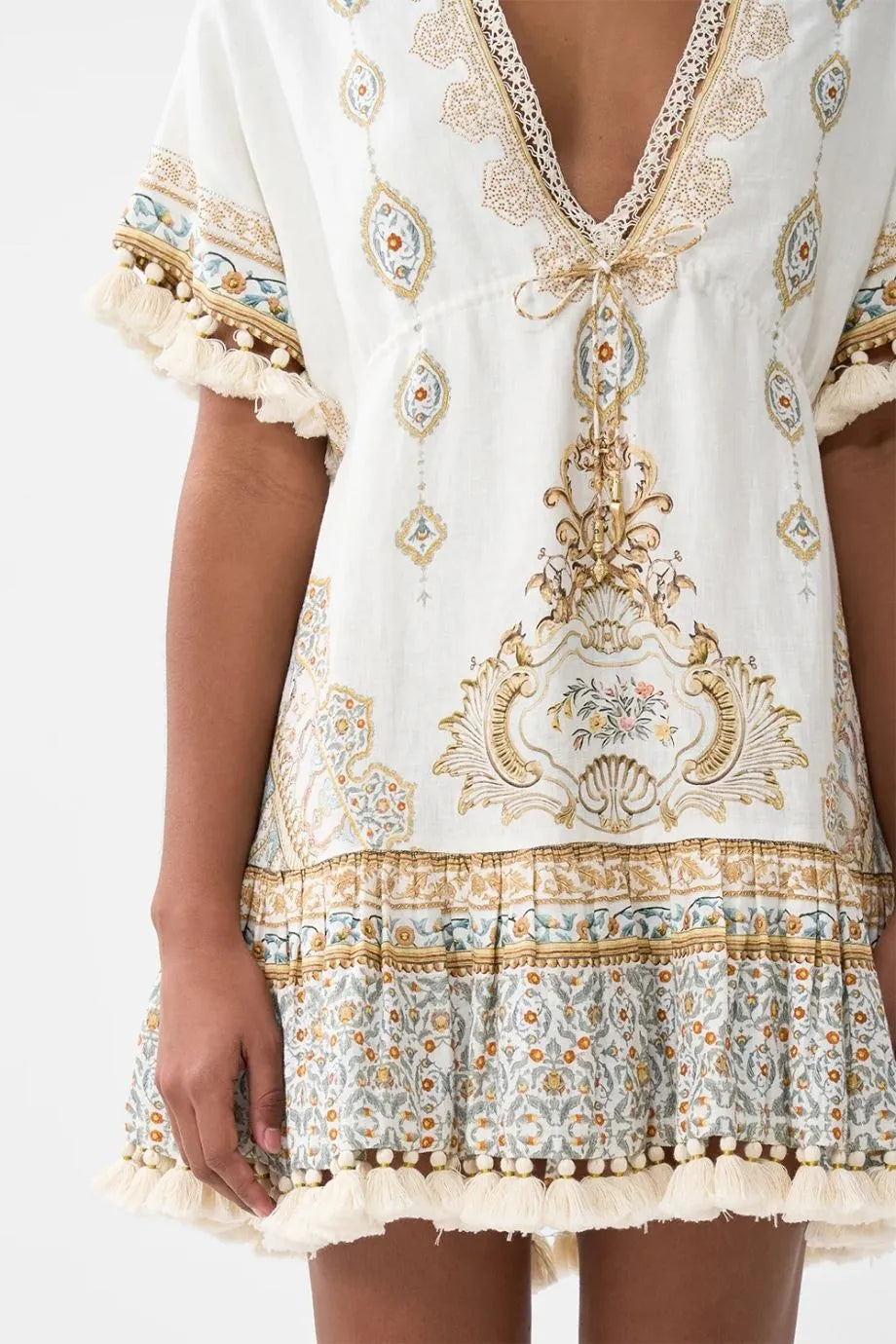 Ottoman Dynasty Floral Short V Neck Embroidered Linen Mini Dress in Beige