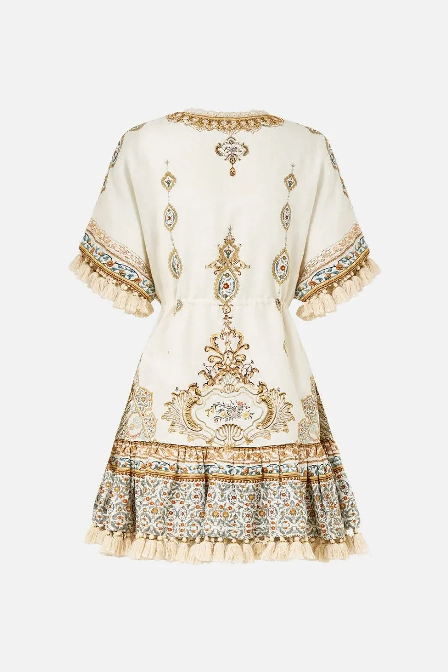 Ottoman Dynasty Floral Short V Neck Embroidered Linen Mini Dress in Beige