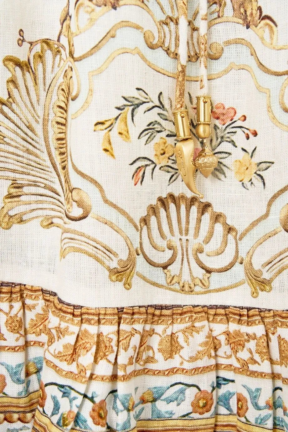 Ottoman Dynasty Floral Short V Neck Embroidered Linen Mini Dress in Beige