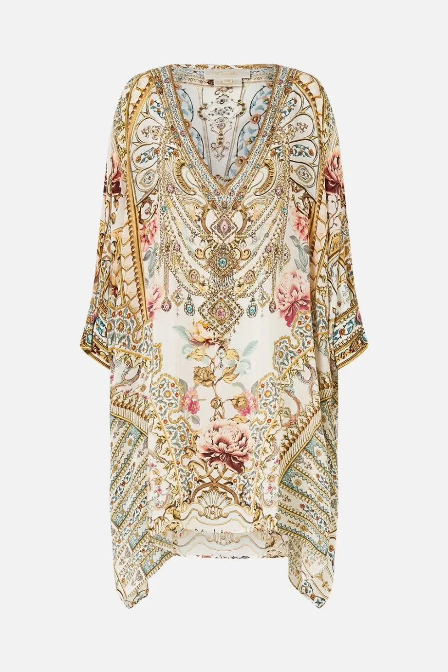 Ottoman Dynasty Floral Short Silk Kaftan With Cuff in Beige