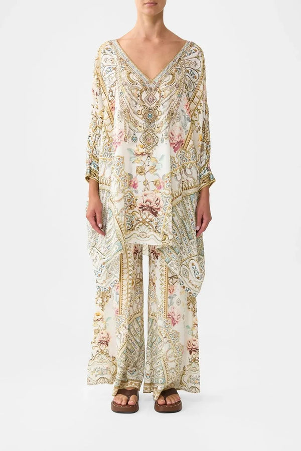 Ottoman Dynasty Floral Short Silk Kaftan With Cuff in Beige