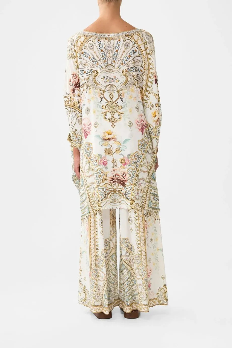 Ottoman Dynasty Floral Short Silk Kaftan With Cuff in Beige