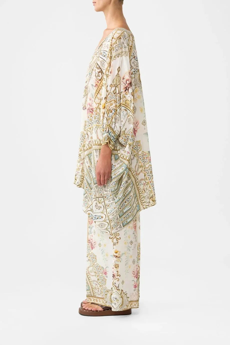 Ottoman Dynasty Floral Short Silk Kaftan With Cuff in Beige