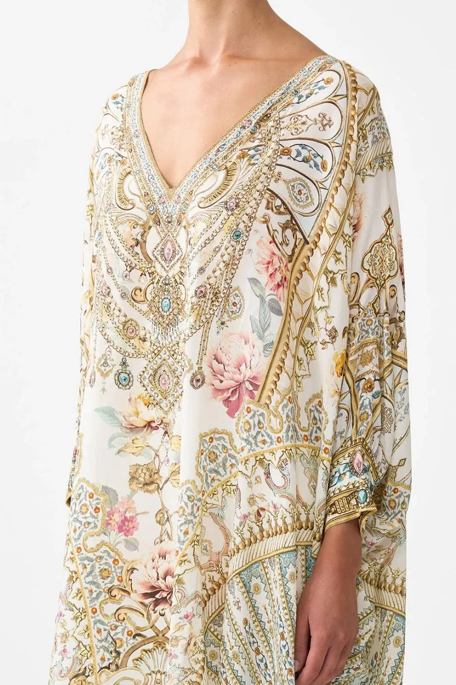 Ottoman Dynasty Floral Short Silk Kaftan With Cuff in Beige