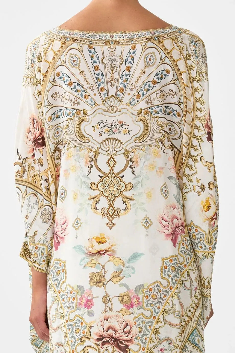 Ottoman Dynasty Floral Short Silk Kaftan With Cuff in Beige