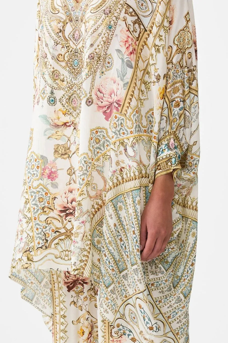 Ottoman Dynasty Floral Short Silk Kaftan With Cuff in Beige
