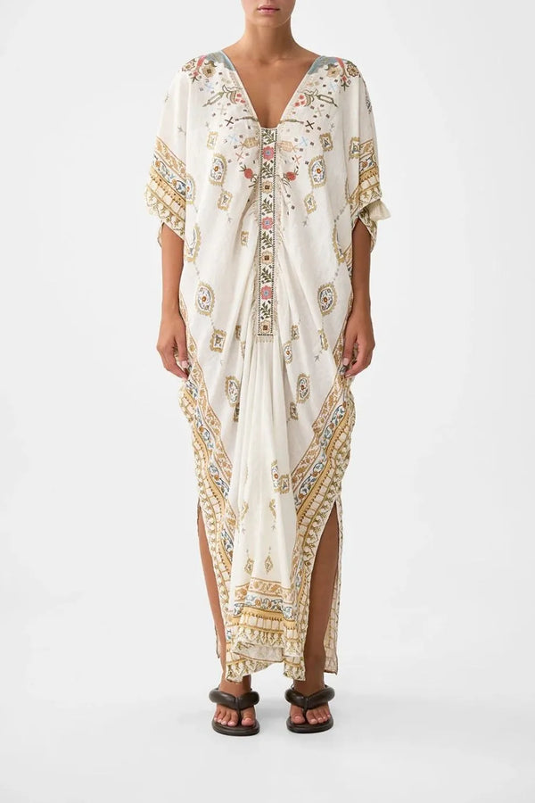 Ottoman Dynasty Floral Linen Kaftan With Front Tab Detail in Beige