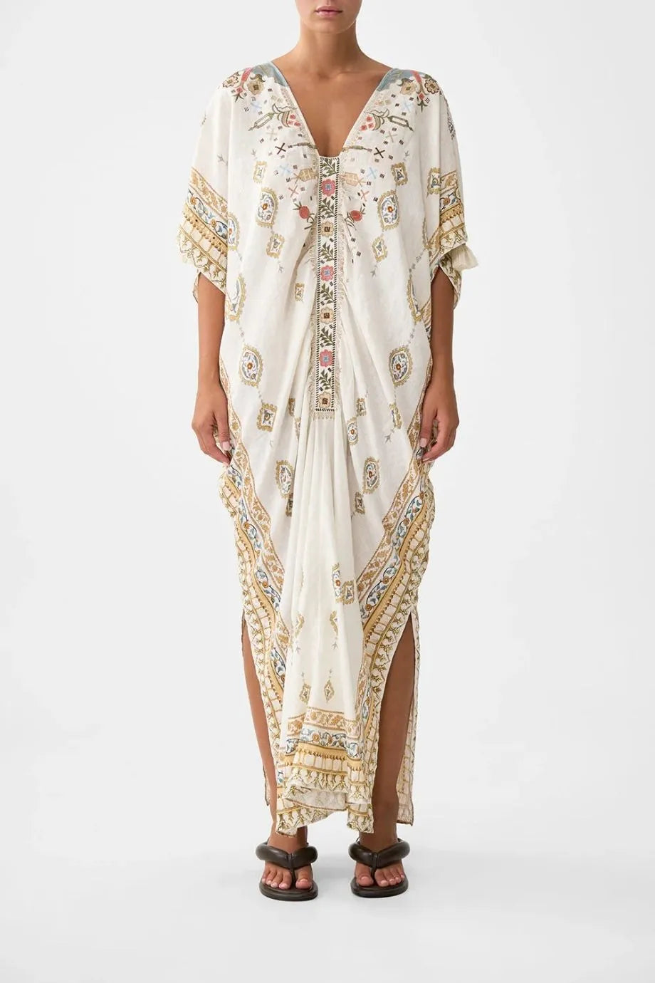 Ottoman Dynasty Floral Linen Kaftan With Front Tab Detail in Beige
