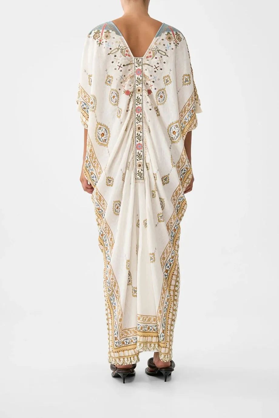 Ottoman Dynasty Floral Linen Kaftan With Front Tab Detail in Beige