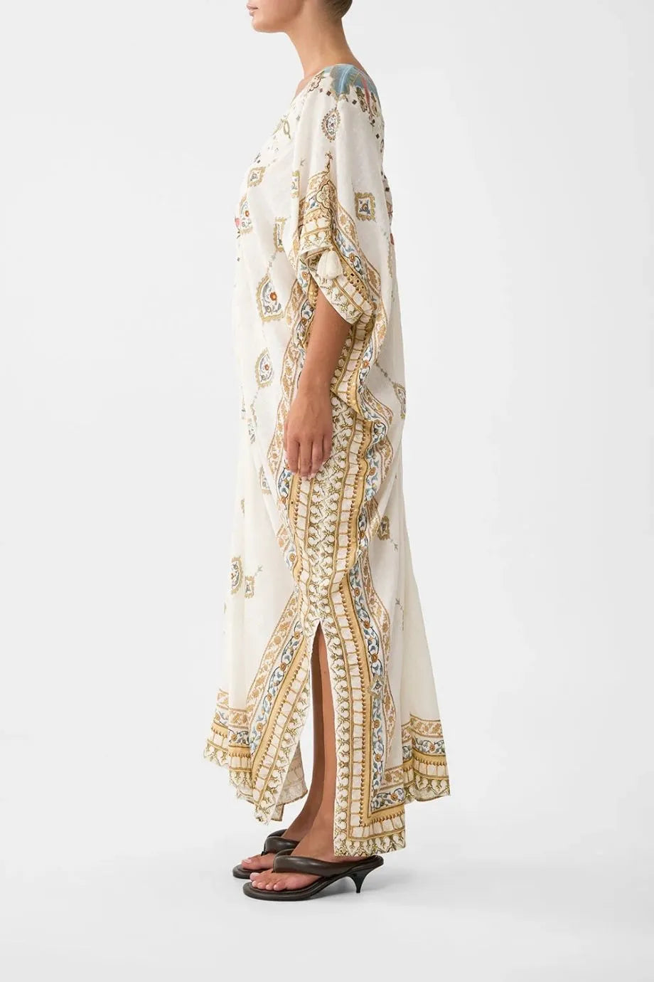 Ottoman Dynasty Floral Linen Kaftan With Front Tab Detail in Beige