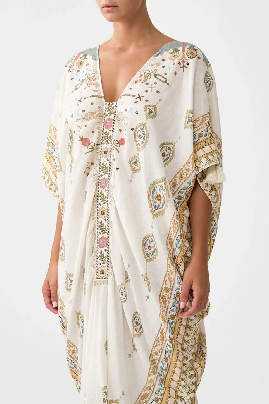 Ottoman Dynasty Floral Linen Kaftan With Front Tab Detail in Beige