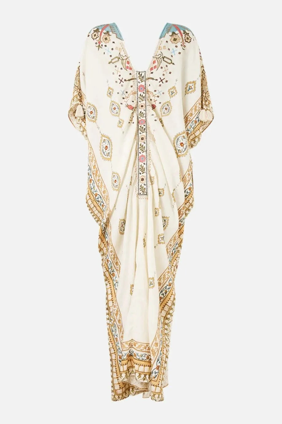 Ottoman Dynasty Floral Linen Kaftan With Front Tab Detail in Beige